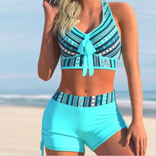 Load image into Gallery viewer, Traje de baño estampado de bikini con falda boxer dividida de talla grande explosiva para mujer - España