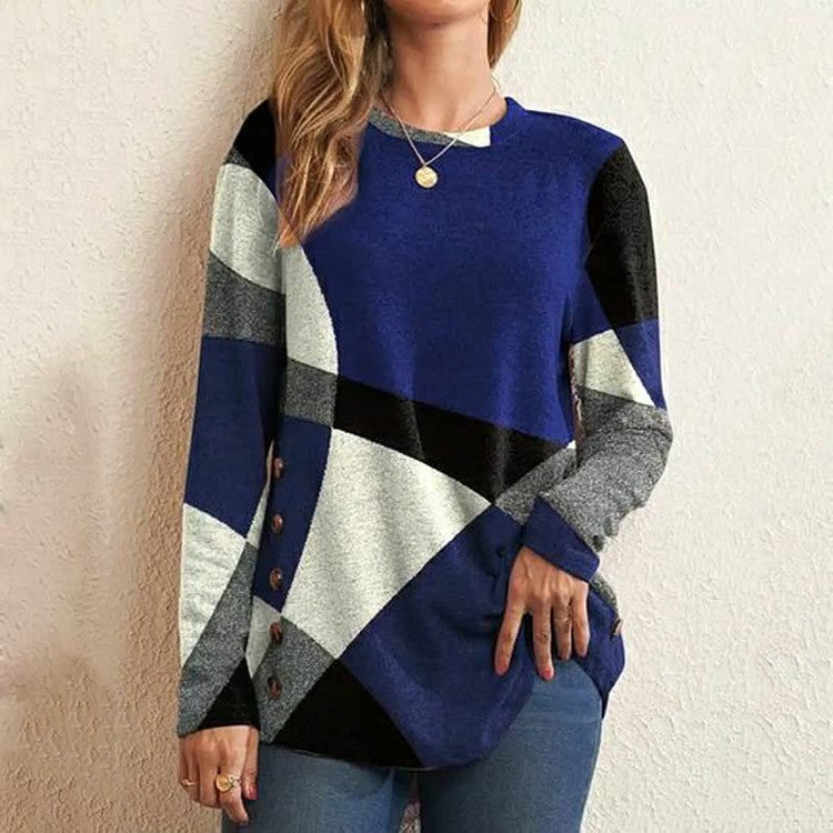 Camisola de manga comprida com colisão geométrica estampada solta para mulheres