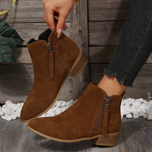 Women's Fashionable Low-heel Pointed-toe Boots In Brown Color With Double Zipper Design