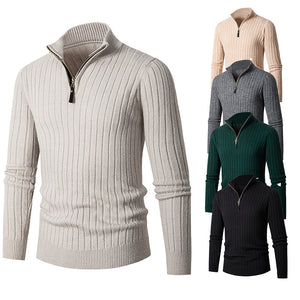 Men's Solid Cable Casual Zip Stand Collar Sweater