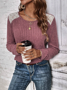 Women's Lace Long Sleeve Shirts Lightweight Fall Casual Crewneck Pullover T Shirt Tops