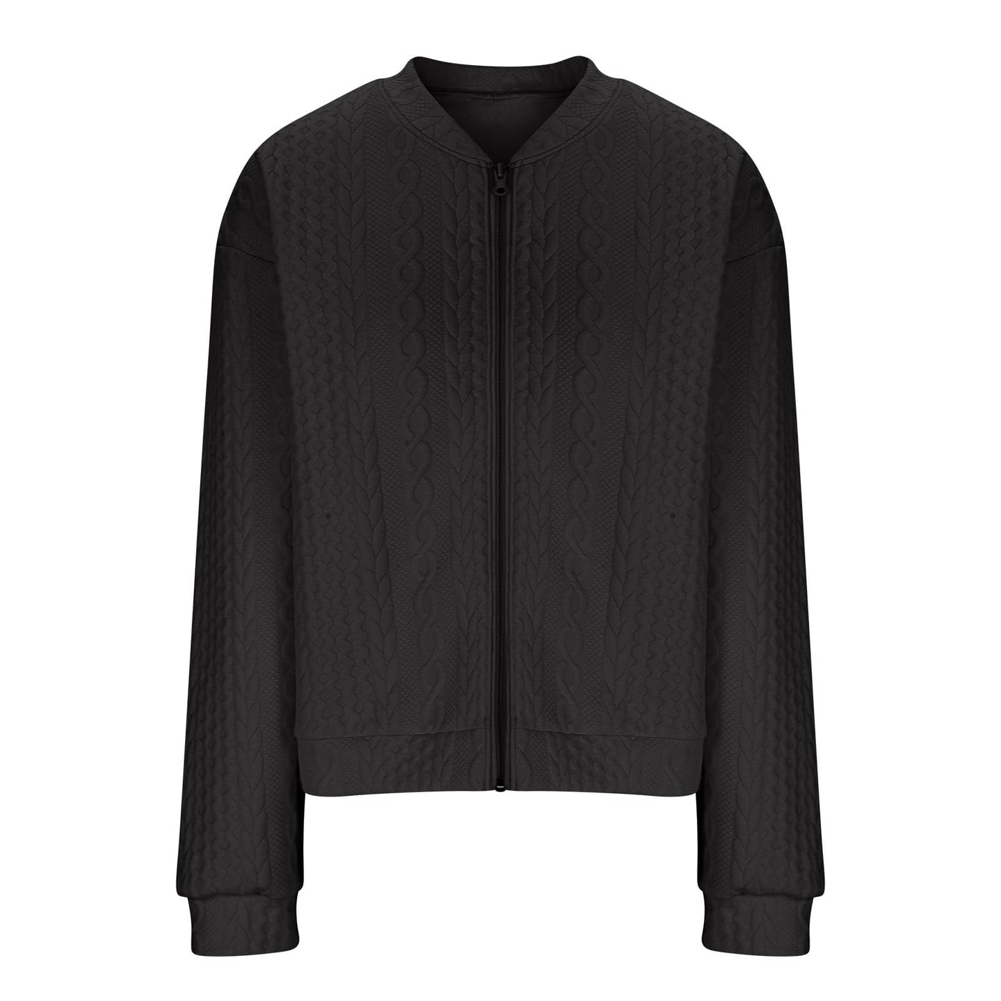 Casual Jacket For Women Fall Winter V-Neck Solid Color Cable Knitted Coat Zipper Long Sleeve Loose Sweatshirt