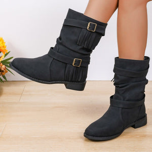 Women's Ankle Boots With Buckle Retro Combat Ankle Boots Fall Winter PU Leather Short Boots