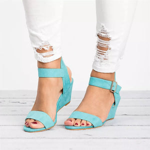 Women's Solid Color Round Toe Buckle Wedge Sandals