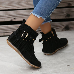 Women's Suede Fringe Drop Round Toe Flat Boots