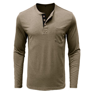 Mens Casual Round Neck Buttons Shirt Tops Soild Color Long Sleeves Slim Fit Tee