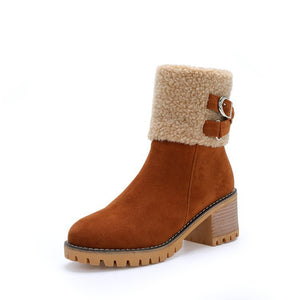 Women's thick heel leather buckle warm boots