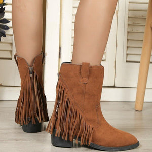 Winter tassel thick heel pointed toe high boots