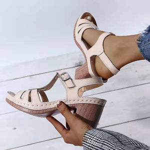 Summer women's metal buckle hollow high-heeled sandals