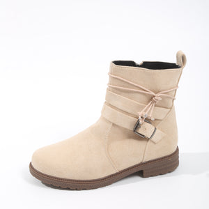 Women Buckle Decor Tie Side Faux Suede Boots