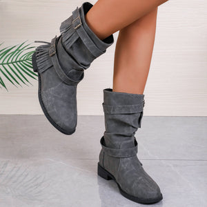 Women's Ankle Boots With Buckle Retro Combat Ankle Boots Fall Winter PU Leather Short Boots