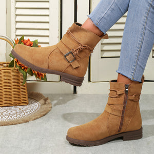 Women Buckle Decor Tie Side Faux Suede Boots