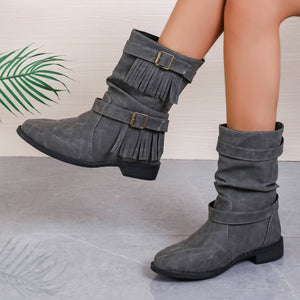 Women's Ankle Boots With Buckle Retro Combat Ankle Boots Fall Winter PU Leather Short Boots