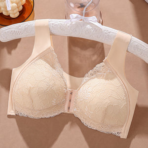 Women's Plus Size Lace Wide Straps Wireless Bra Front Closure Push Up Bras