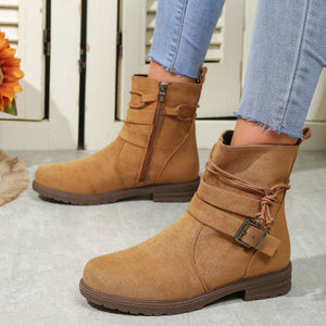 Women Buckle Decor Tie Side Faux Suede Boots