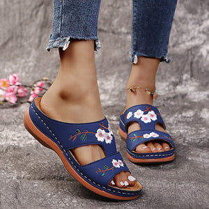 Hollow Flower Embroidered Wedge Ladies Slippers