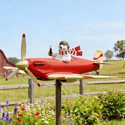 🐻✈️ Polar Bear Pilot Airplane Wind Spinner – Whimsical Garden Decor ✨