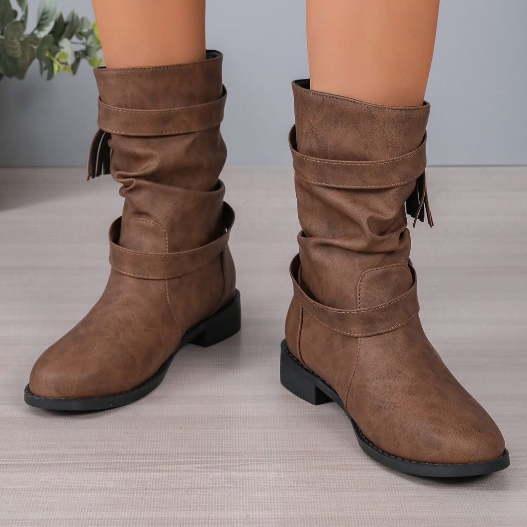 Women's Ankle Boots With Buckle Retro Combat Ankle Boots Fall Winter PU Leather Short Boots