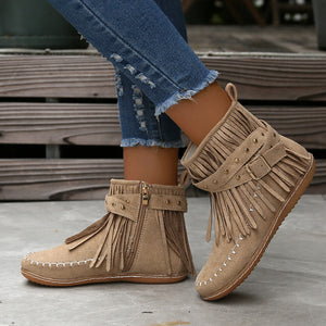 Women's Suede Fringe Drop Round Toe Flat Boots