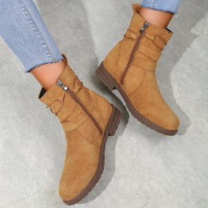 Women Buckle Decor Tie Side Faux Suede Boots