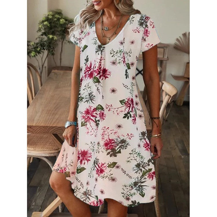 Vestido de manga corta con escote en pico y estampado holgado - España