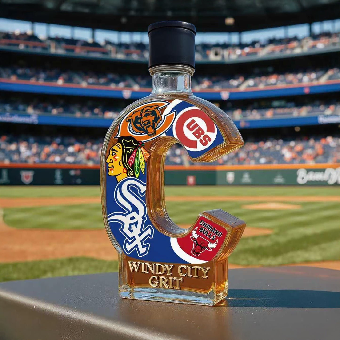Chicago Sports Fans Windy City Grit Whiskey Bottle