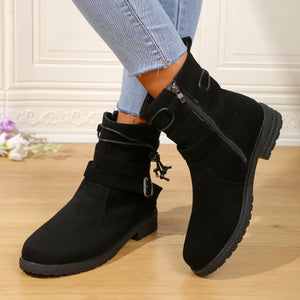 Women Buckle Decor Tie Side Faux Suede Boots