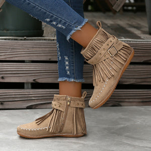 Women's Suede Fringe Drop Round Toe Flat Boots