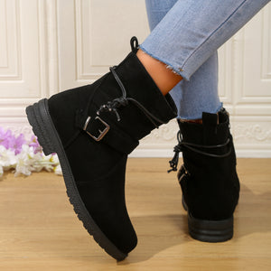 Women Buckle Decor Tie Side Faux Suede Boots