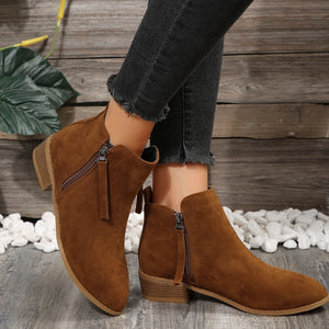 Women's Fashionable Low-heel Pointed-toe Boots In Brown Color With Double Zipper Design