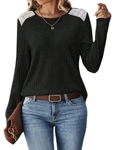 Women's Lace Long Sleeve Shirts Lightweight Fall Casual Crewneck Pullover T Shirt Tops