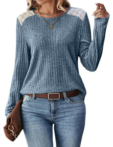 Women's Lace Long Sleeve Shirts Lightweight Fall Casual Crewneck Pullover T Shirt Tops