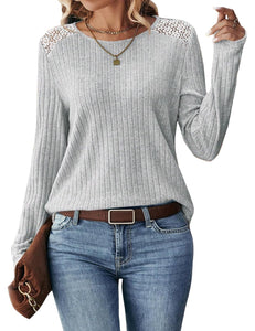 Women's Lace Long Sleeve Shirts Lightweight Fall Casual Crewneck Pullover T Shirt Tops