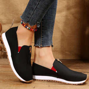 Ladies Front Zipper Pointed Toe Flat Elastic Shoes for Women