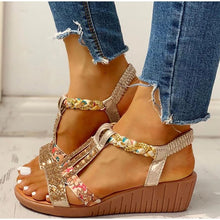 Load image into Gallery viewer, Women&#39;s Casual Rhinestone Wedge Round Toe Sandals
