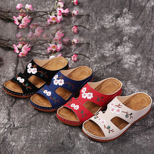 Hollow Flower Embroidered Wedge Ladies Slippers