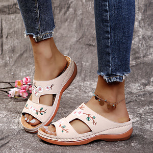 Hollow Flower Embroidered Wedge Ladies Slippers