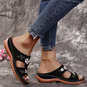 Hollow Flower Embroidered Wedge Ladies Slippers