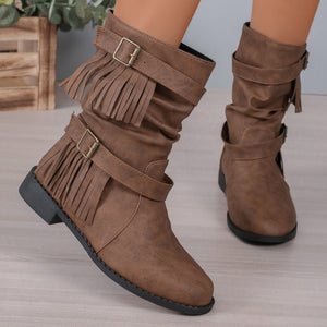 Women's Ankle Boots With Buckle Retro Combat Ankle Boots Fall Winter PU Leather Short Boots