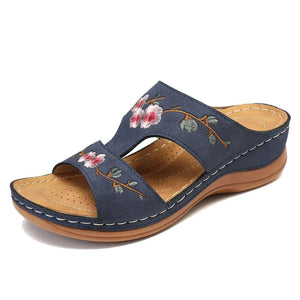 Hollow Flower Embroidered Wedge Ladies Slippers