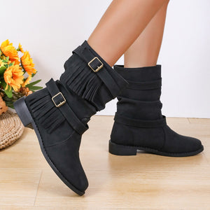 Women's Ankle Boots With Buckle Retro Combat Ankle Boots Fall Winter PU Leather Short Boots