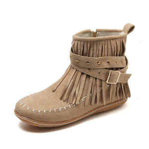 Women's Suede Fringe Drop Round Toe Flat Boots