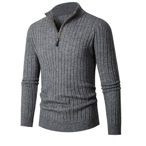 Men's Solid Cable Casual Zip Stand Collar Sweater