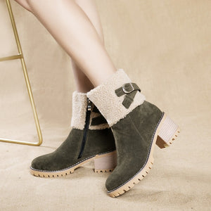 Women's thick heel leather buckle warm boots