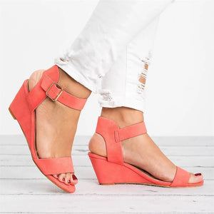 Women's Solid Color Round Toe Buckle Wedge Sandals