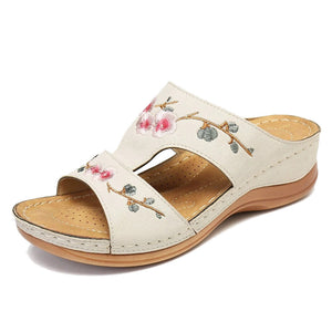 Hollow Flower Embroidered Wedge Ladies Slippers