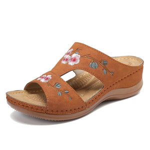 Hollow Flower Embroidered Wedge Ladies Slippers