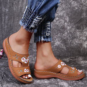 Hollow Flower Embroidered Wedge Ladies Slippers