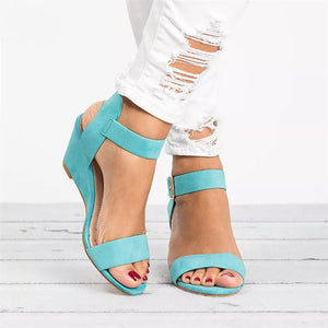 Women's Solid Color Round Toe Buckle Wedge Sandals