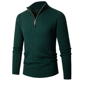 Men's Solid Cable Casual Zip Stand Collar Sweater